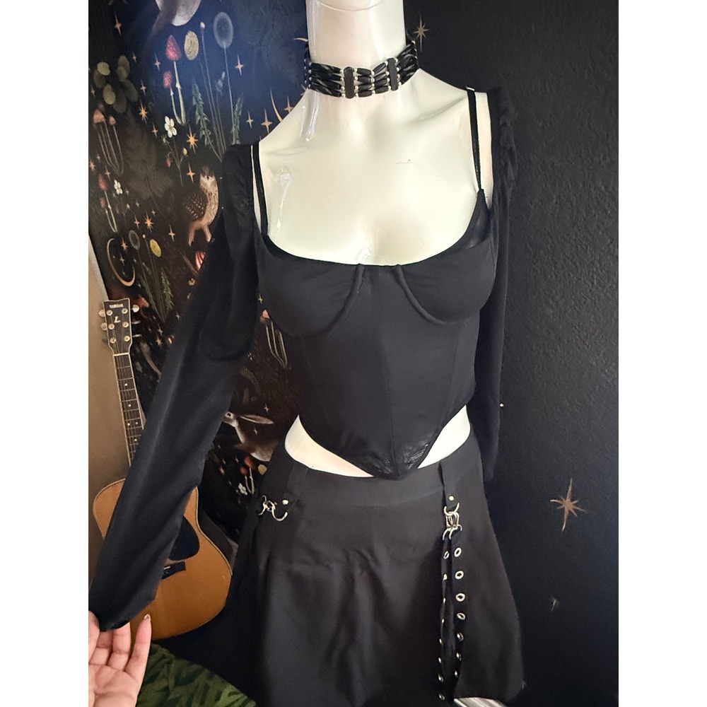 White Fox Black Corset Crop Top Long Mesh Sleeve Underwire Zip Back Womens M